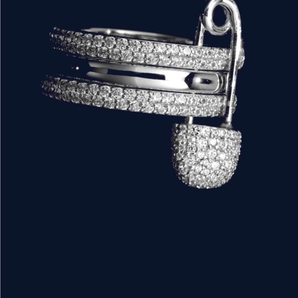 Silver Crystal Safety Pin Ring size 6